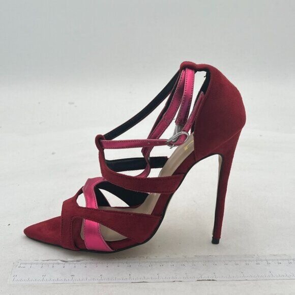 FSJ Wine Red Strappy Peep Toe Stiletto High Heel T Strap Summer Dress Sandal - Picture 2 of 8